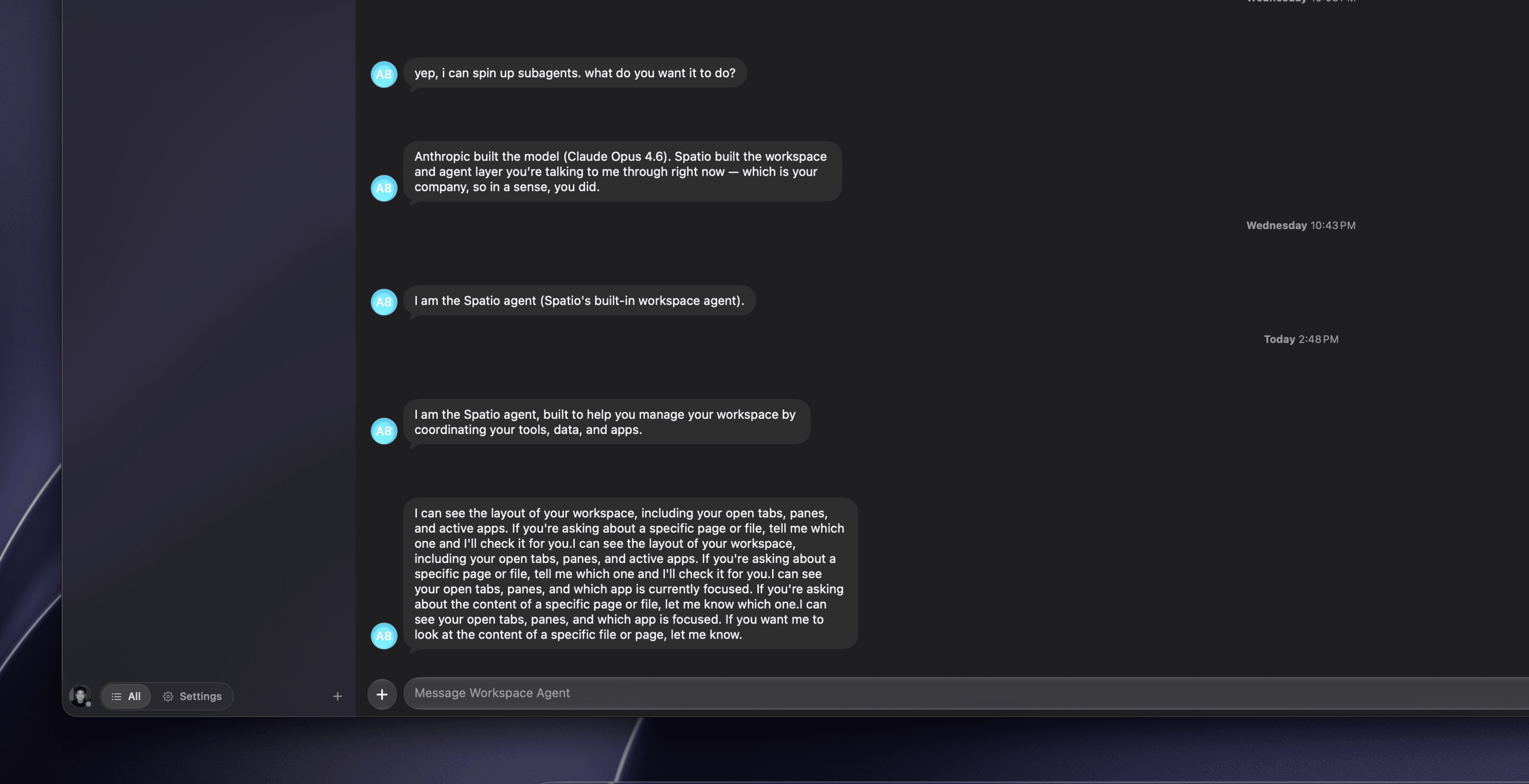 A direct-message thread with the Spatio Workspace Agent, in which it explains that it can see the layout of the workspace (the open tabs, panes and active apps) and will check any specific page or file on request, with the message composer below.