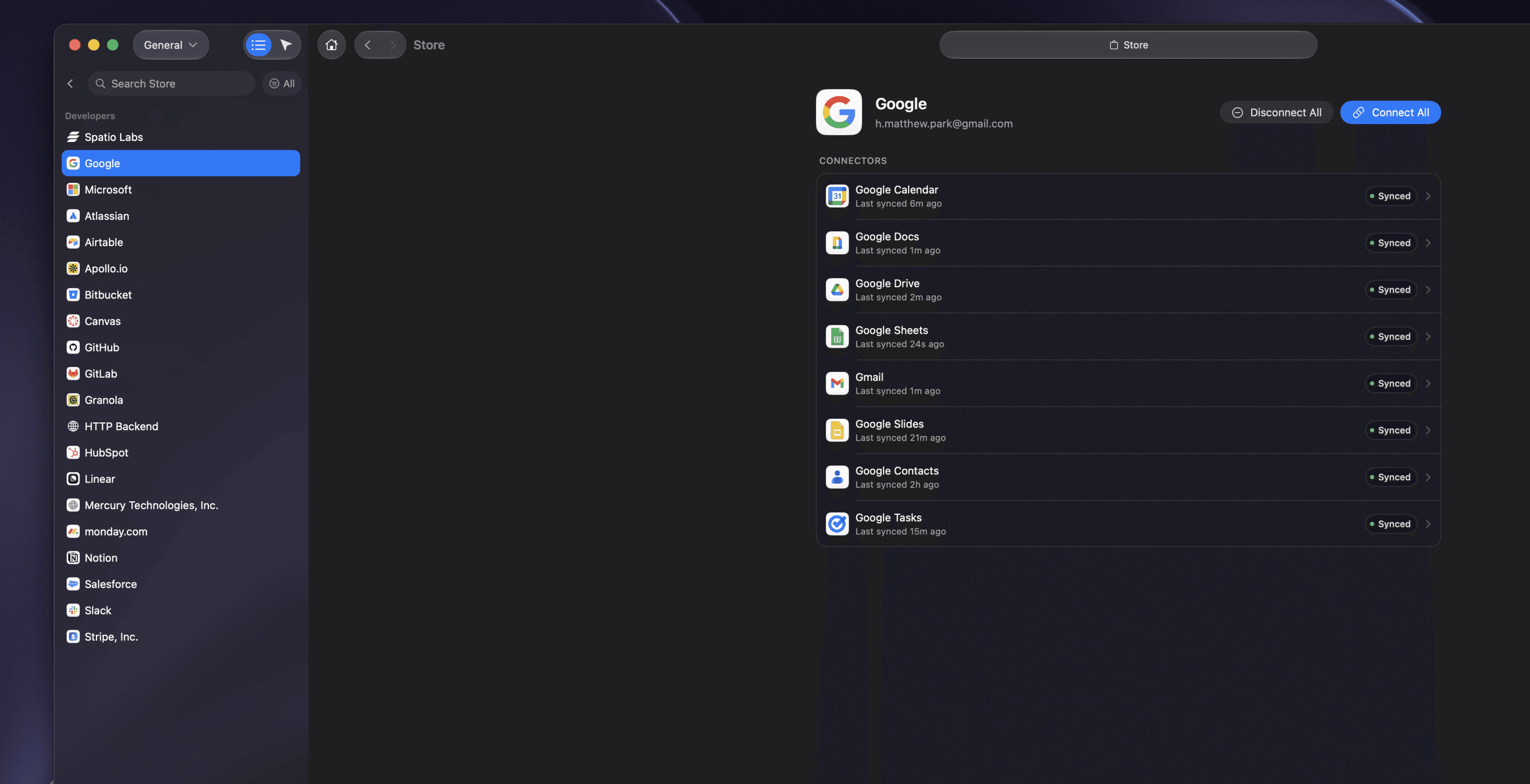 The Spatio Store with a developer list down the left (Spatio Labs, Google, Microsoft, Atlassian, Airtable, Bitbucket, GitHub, GitLab, Granola, HubSpot, Linear, monday.com, Notion, Salesforce, Slack, Stripe and more) and Google selected, showing its eight connectors: Calendar, Docs, Drive, Sheets, Gmail, Slides, Contacts and Tasks, each marked Synced with how long ago it last ran.